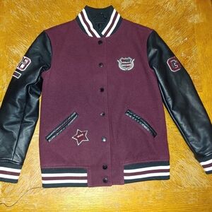 BCBGeneration sz S Faux Wool Bomber Burgundy Lette